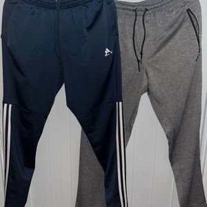 Adidas blue/white, Mitre gray/black joggers.